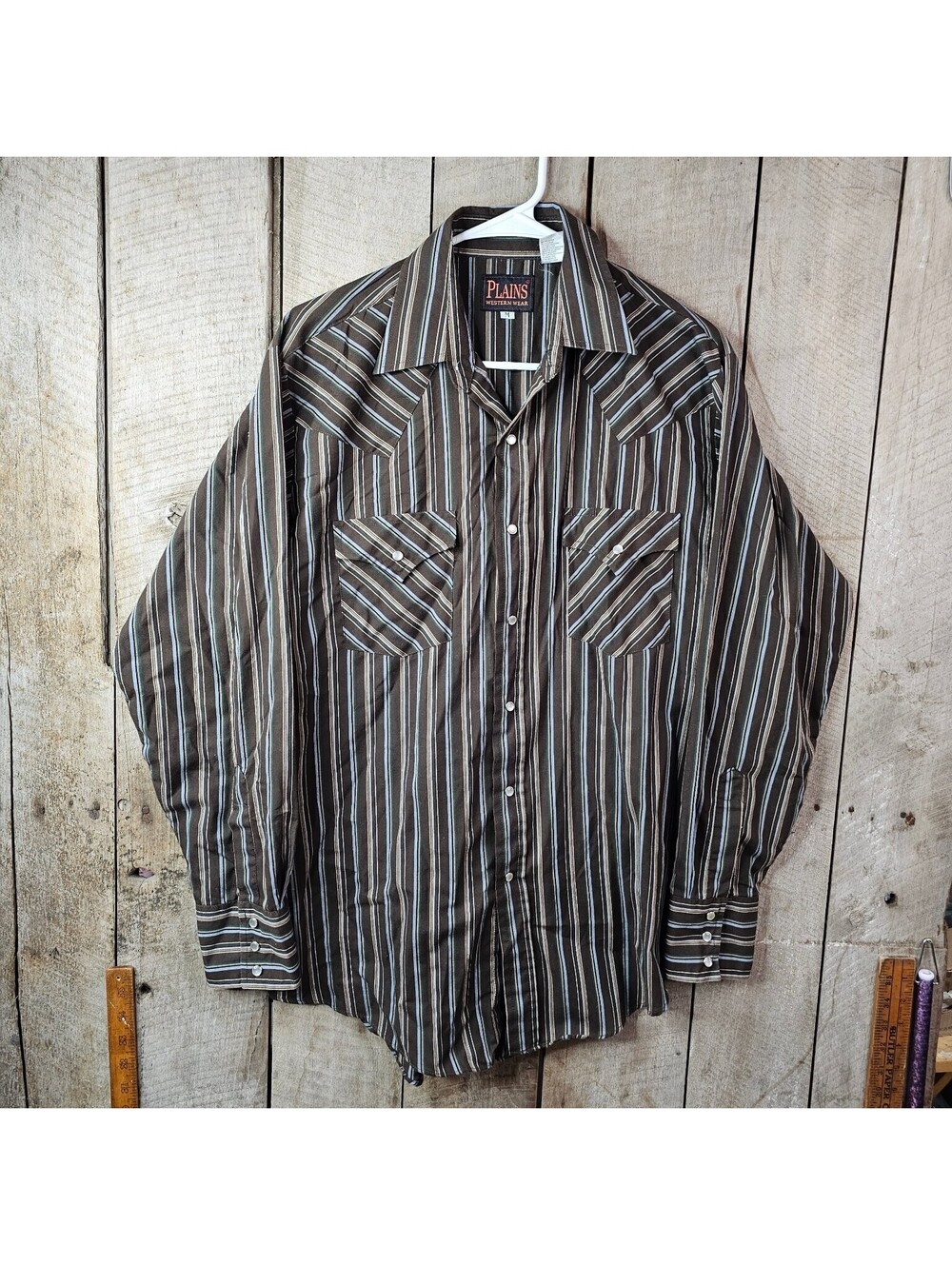 Plains Western Wear Men's Medium M Striped Snap Button Brown Blue Green Casual